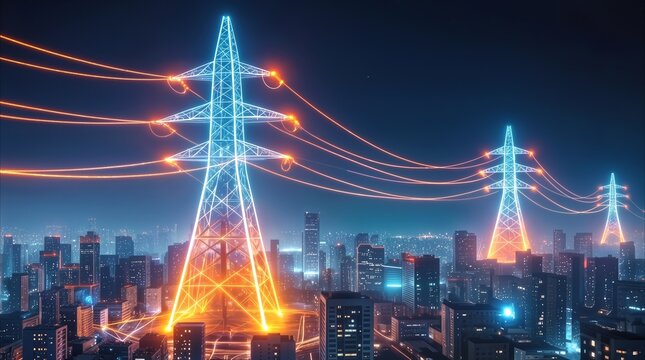 High-voltage power lines glowing with orange and blue energy over modern city skyline at night. Futuristic electrical grid infrastructure providing power to urban district.