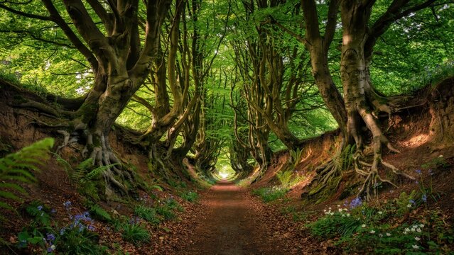 Forest path surrounded by ancient beech trees with twisted roots and vibrant green leaves during a bright sunny spring day