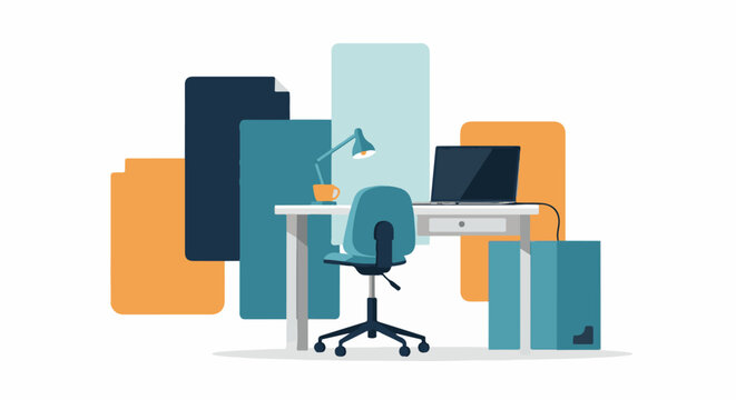 A colorful office workspace with computer and lamp