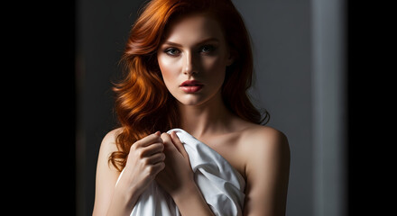 Naklejka premium Portrait of a fashion-forward red-haired woman holding a sheet with high contrast lighting.