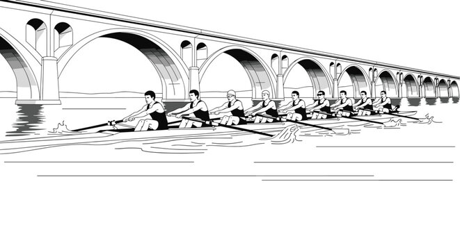 Team of eight rowers in a shell boat pass under a massive stone bridge with multiple arches during an endurance race on the river.
