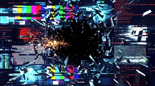 Shattered digital screen with exploding glass shards and glowing sparks. Glitch effect and technical failure on broken monitor display.