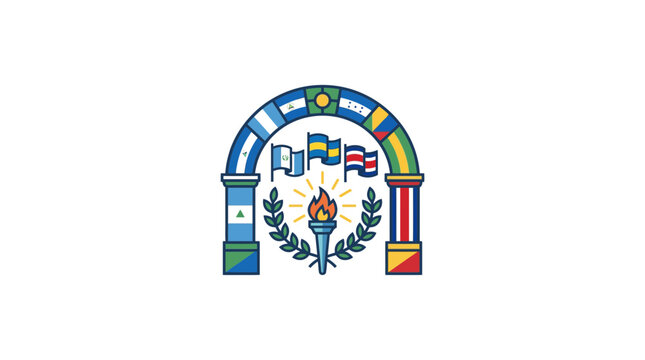Olympic torch with international flags and decorative arch illustration