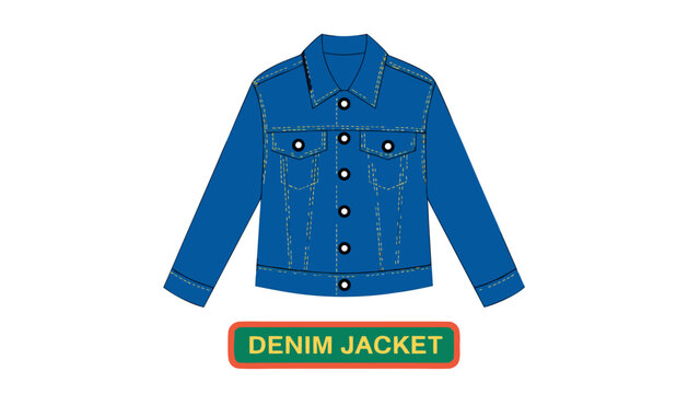 Very beautiful black and white vector illustration of a DENIM JACKET with detailed seams, chest pockets, classic silhouette, isolated on white background, with the garment name "DENIM JACKET" displaye