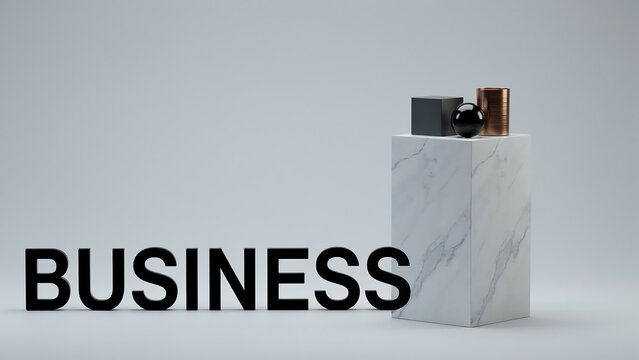 Minimalist Elegant Business Concept Banner Featuring Bold Black Typography Next to a Luxury White Marble Pedestal Displaying Abstract Geometric Shapes Successfully