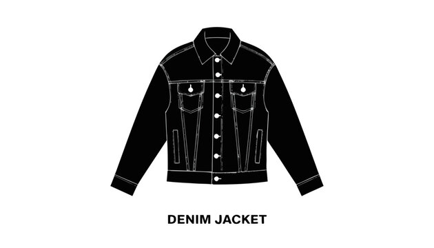 Very beautiful black and white vector illustration of a DENIM JACKET with detailed seams, chest pockets, classic silhouette, isolated on white background, with the garment name "DENIM JACKET" displaye