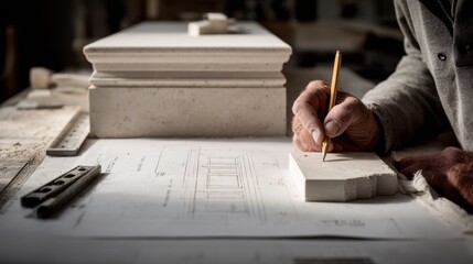 Obraz premium Professional master mason using yellow wooden pencil to draw precise blueprint lines on white stone block architectural restoration details and construction level tools on desk workspace