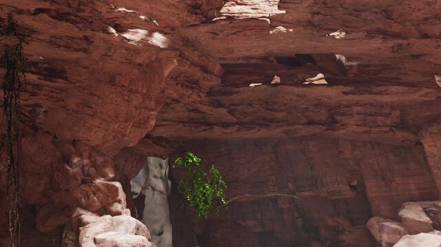 A group of people walks through a cave surrounded by large rock formations. Green plants grow in patches among the stones. Light enters from above, creating interesting shadows.