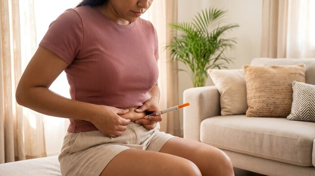 Woman in a pink shirt self administering a daily medical injection into her abdominal skin area