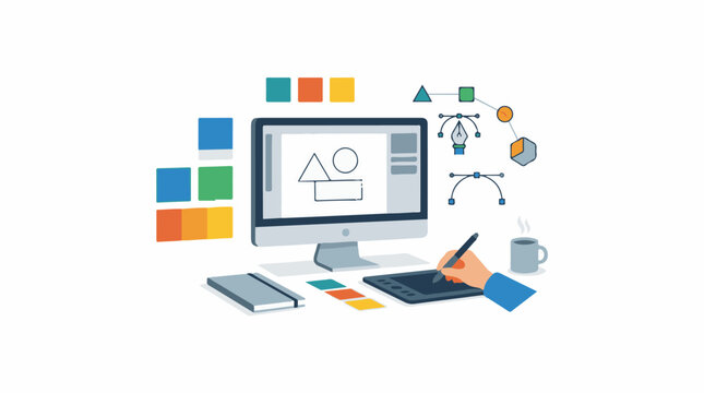 Graphic design workspace with computer, hand on drawing tablet