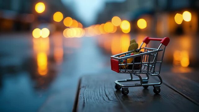 The shopping cart miniature on a wooden surface with bokeh city lights background.