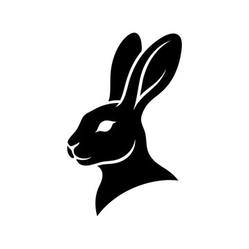 A black silhouette illustration of a rabbit's head with long ears on a white background