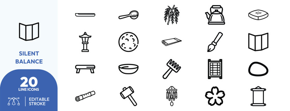 Daily Rituals icon set. Containing book, magnifying glass, broom, teapot, flower, lantern, and more. Editable stroke. Vector illustration.