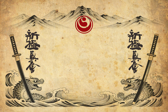 Certificate, diplom karate, martial arts with frame. Old vintage grunge paper texture background poster art design. Traditional Japan martial fighting arts aikido, judo, taekwon-do, hapkido.
