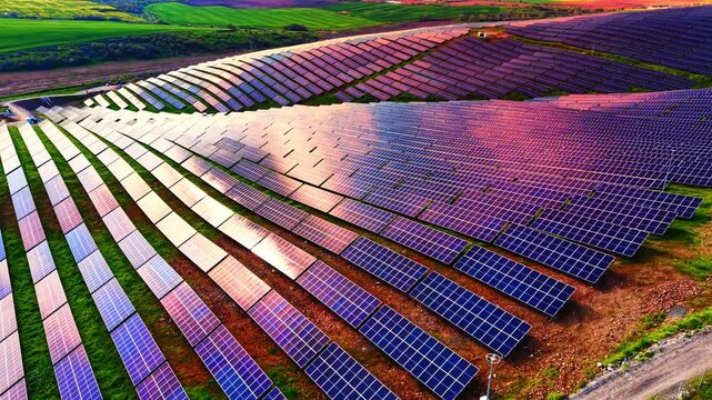 Photovoltaic farm with dirt road at sunset, in an angled drone shot where rows catch a pink sky reflection next to a countryside path.