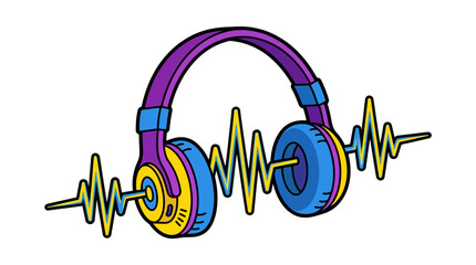 Naklejka premium Purple and blue headphones with yellow audio waveform
