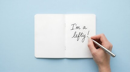 Left hand writing in notebook on Left Handers Day with text I'm a lefty on blue background