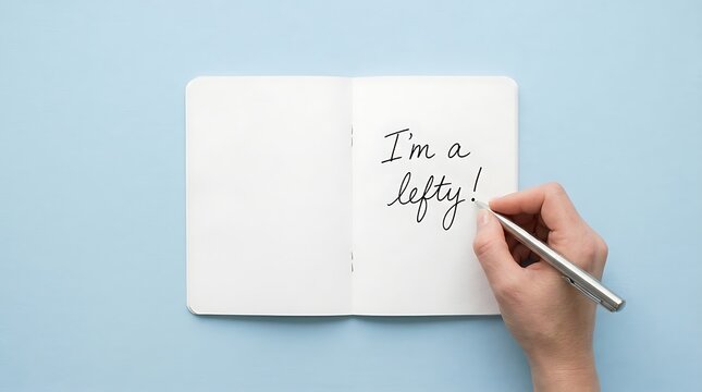 Left hand writing in notebook on Left Handers Day with text I'm a lefty on blue background