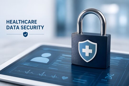 A padlock secures a tablet displaying healthcare data, representing the concept of digital health security.