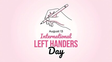 International Left Handers Day poster with hand holding pencil on pink background, August 13