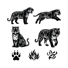 Obraz premium Tiger silhouettes collection with predatory animal poses and wild cat icons.