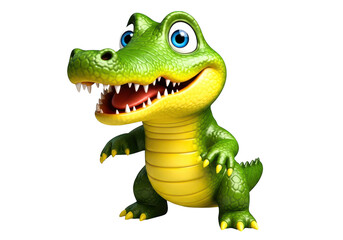 Fototapeta premium Baby alligator, cartoon, green reptile, big eyes, sharp teeth, open mouth, isolated on transparent background, friendly, playful, jungle, swamp creature.
