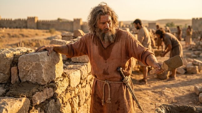 Biblical Nehemiah Rebuilding the Walls of Jerusalem: Ancient Stone Mason Construction, Old Testament and Tanakh Illustration