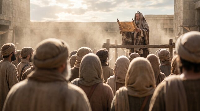 Biblical Ezra the Scribe Reading the Torah Scroll to the Assembly: Ancient Israelite Crowd, Book of Nehemiah and Tanakh Illustration