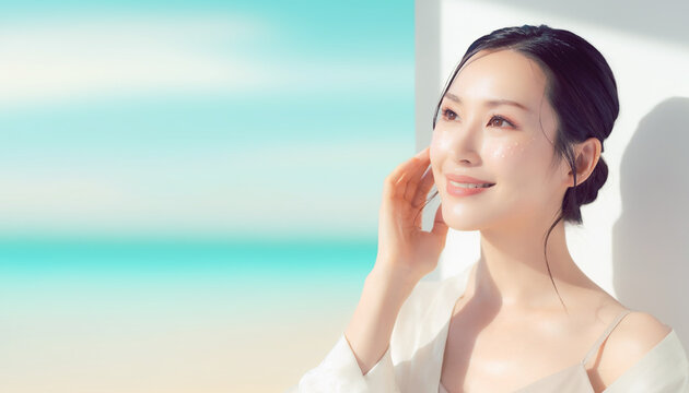 Radiant Asian woman touching her cheek for skin care concept スキンケアのコンセプトのために頬に触れる輝くアジア人女性