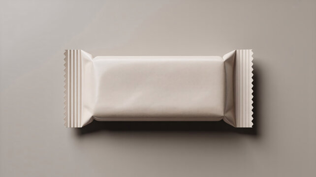 Top view of a blank protein bar wrapper mockup on a beige background