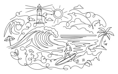 Naklejka premium Surfer riding ocean wave near shark and beach lighthouse drawn in minimalist single continuous line art style