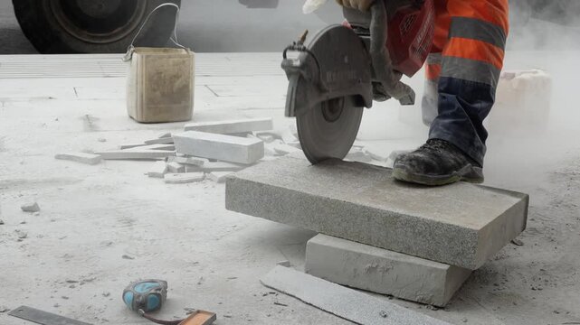 Worker cutting concrete paving slab with electric tool during construction process and preparation for pavement installation