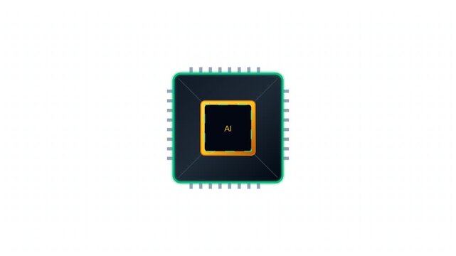 Minimalist 2D vector animation of an artificial intelligence microchip processor pulsing with a glowing golden border on a clean white background. Premium tech hardware asset.