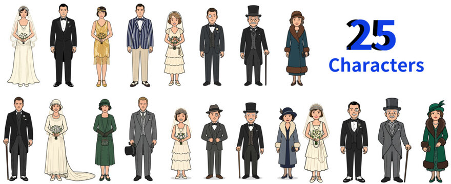 Collection of 25 vintage characters in formal attire, including wedding couples and distinguished gentlemen.