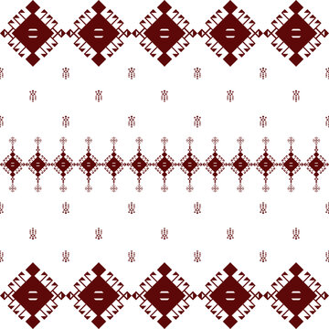 Seamless traditional ethnic vector pattern with maroon red geometric diamond borders and horizontal folk motifs on white background