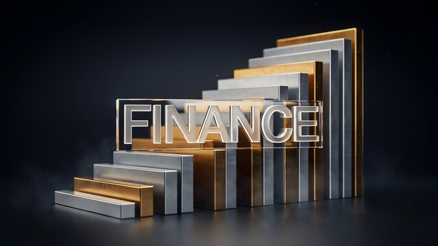 Corporate finance growth glass sign standing on rising abstract golden blocks and architectural stair stairs steps