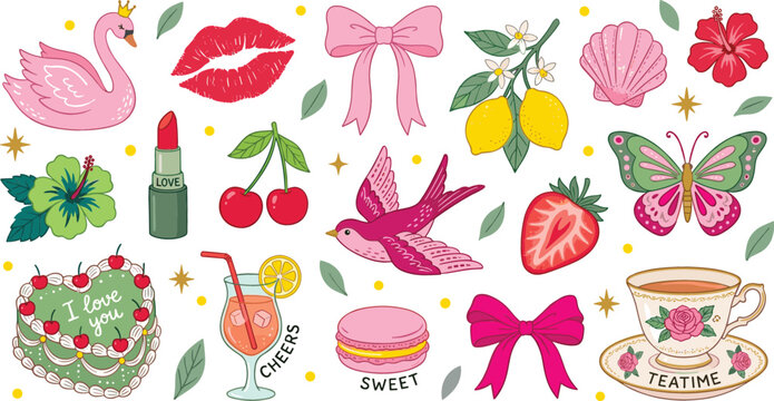 Cute Pink Retro Sticker and Icon Set Featuring Romantic Swan Butterfly Lips Cake Bows Flowers and Teacup Illustrations for Creative Graphic Designs