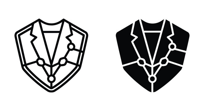 Business security icon, vector illustration of a suit jacket combined with a shield shape, representing corporate protection, professional safety, and secure business practices