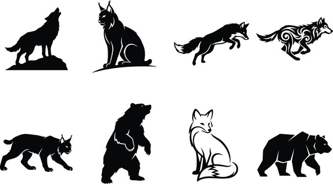 Wild predators vector icon set featuring black silhouettes of howling wolves grizzly bears wild lynx bobcat and running foxes in diverse artistic styles