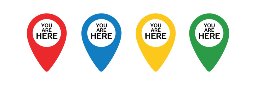 You are here icon set featuring map pin symbols for navigation, GPS positioning, destination address markers, and location tracking in flat color vector style.