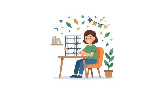 Woman enjoying sudoku puzzle in cozy home setting with plant