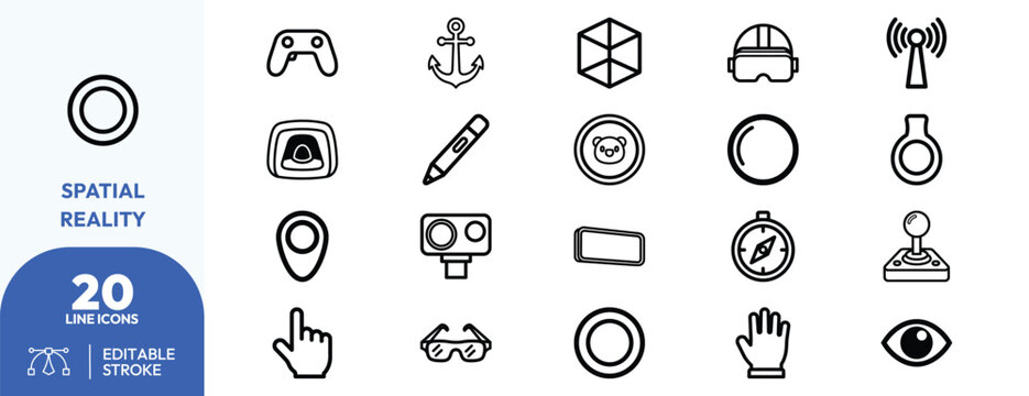 Spatial Reality Interface icon set. Containing virtual reality headset, game controller, 3D cube, signal tower, compass, and more. Editable stroke. Vector illustration.
