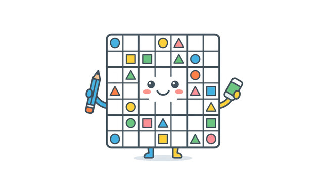 Cute Animated Sudoku Puzzle Character Holding Pencil and Eraser