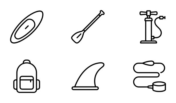 Stand Up Paddleboard Gear Icons, SUP Equipment Set, Water Sports Accessories Collection