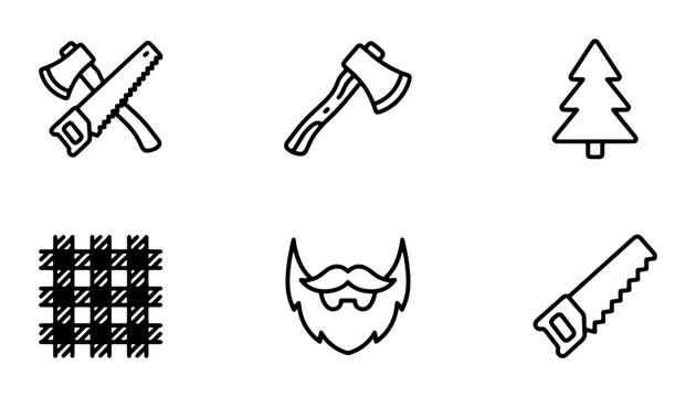 Lumberjack Icons Set: Axe, Saw, Tree, Beard, Plaid, Vector Graphics for Outdoors and Crafting