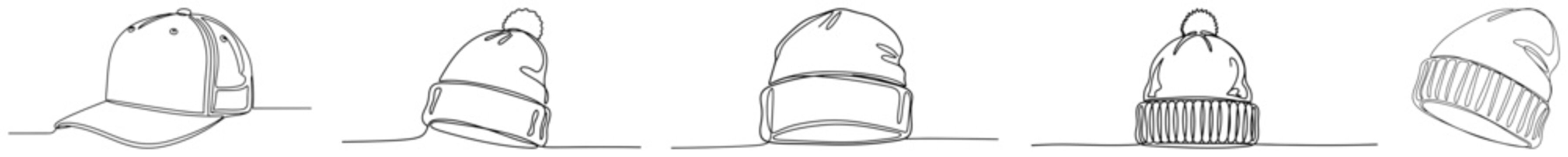 Headwear collection with baseball cap and winter beanies drawn in minimalist single continuous line art style