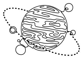 Striped planet with orbiting moons and satellites in continuous line art style © Alicja