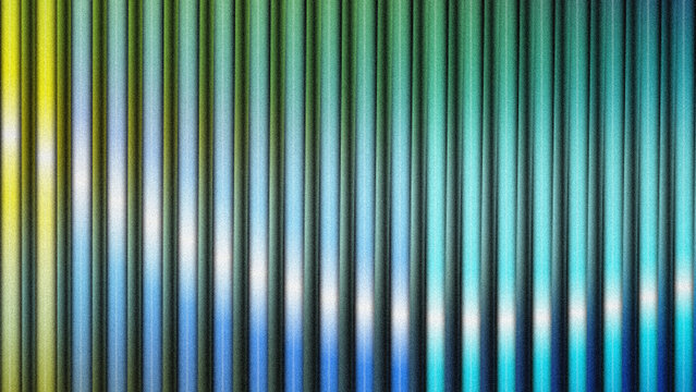 Abstract background of vertical metal pipes with blue and green gradient light reflections