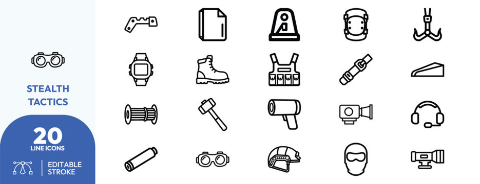 Stealth Operations icon set. Containing binoculars, night vision goggles, surveillance cameras, tactical gear, and more. Editable stroke. Vector illustration.