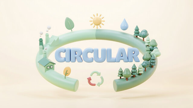 Sustainable circular economy abstract concept text ring banner icon with sun clouds and recycling arrow symbols